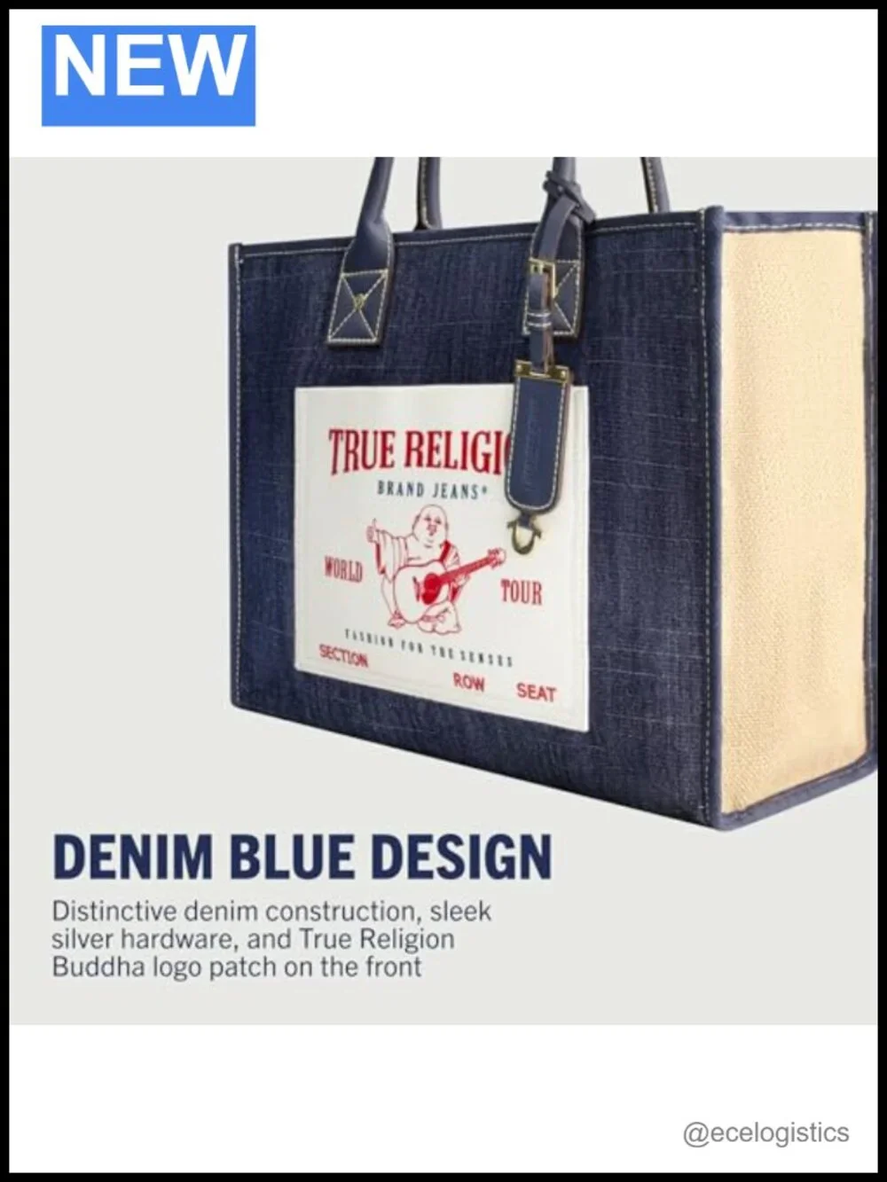 True Religion Denim Tote Bag with Buddha Logo Patch, Travel Handbag